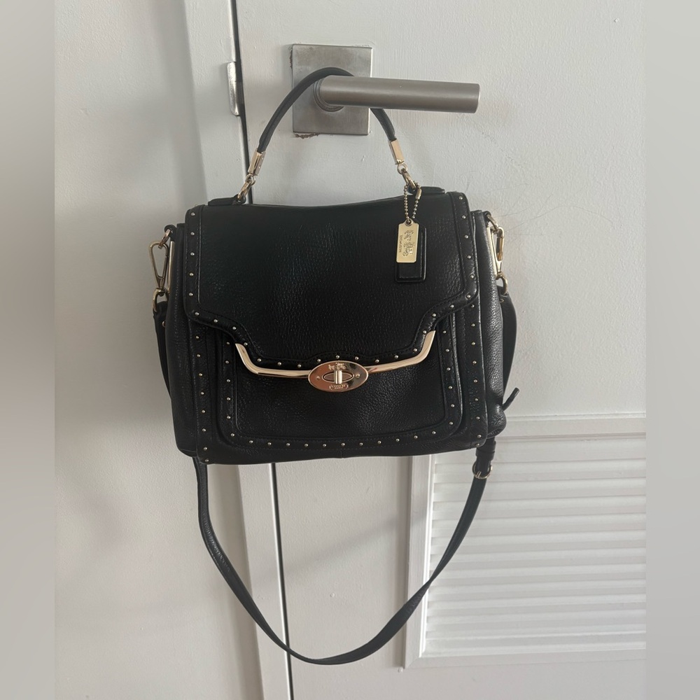 Coach Black Leather Studded Turn-Lock Satchel with Gold Hardware